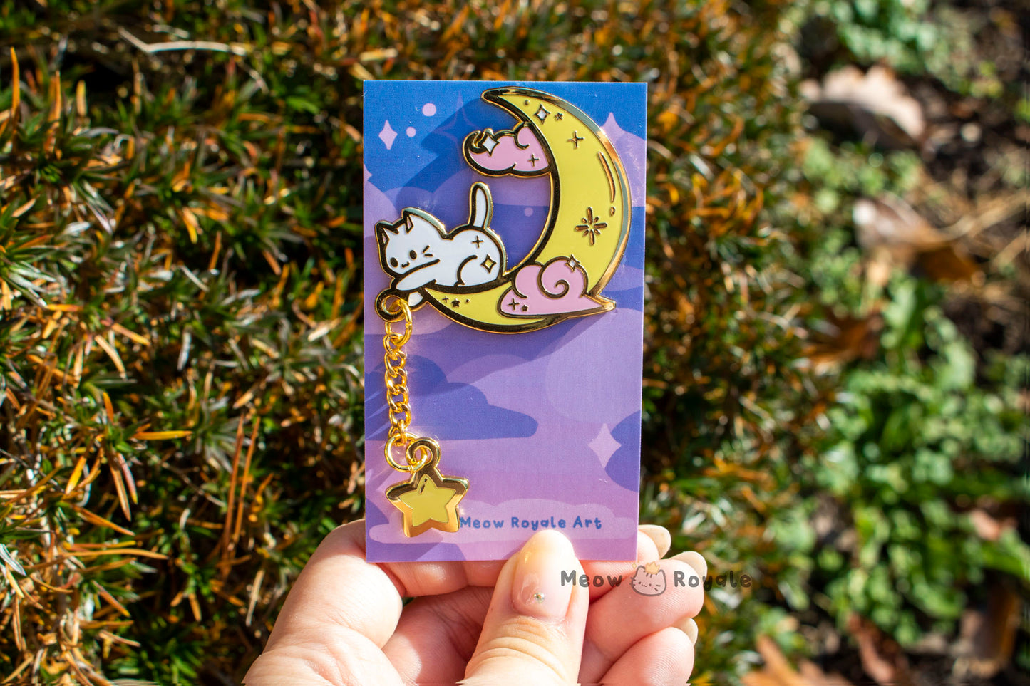 Cat Moon and Star Enamel Pin/ Black and White