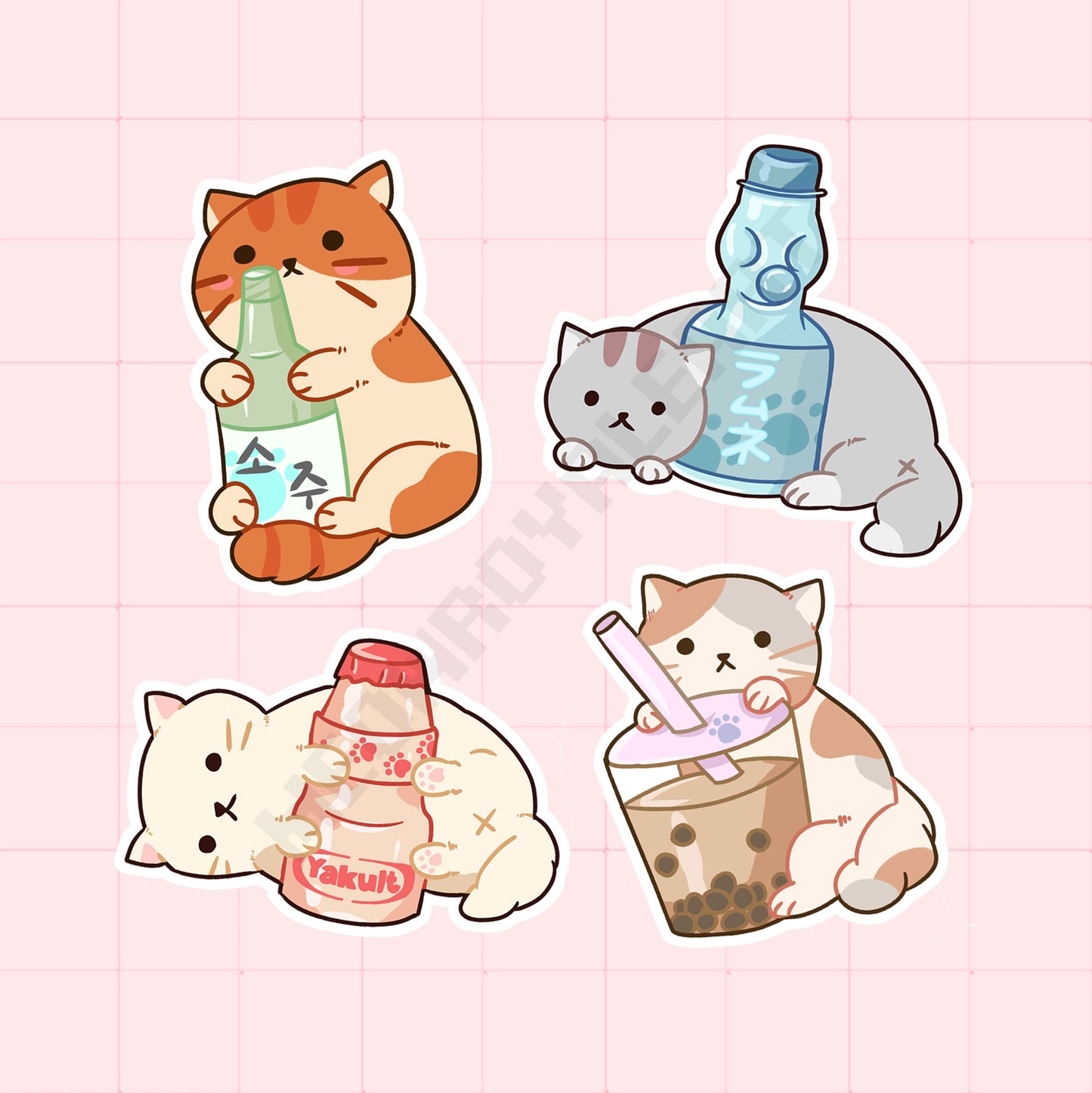 Bubble Tea, Yakult, Ramune and Soju Cat Stickers