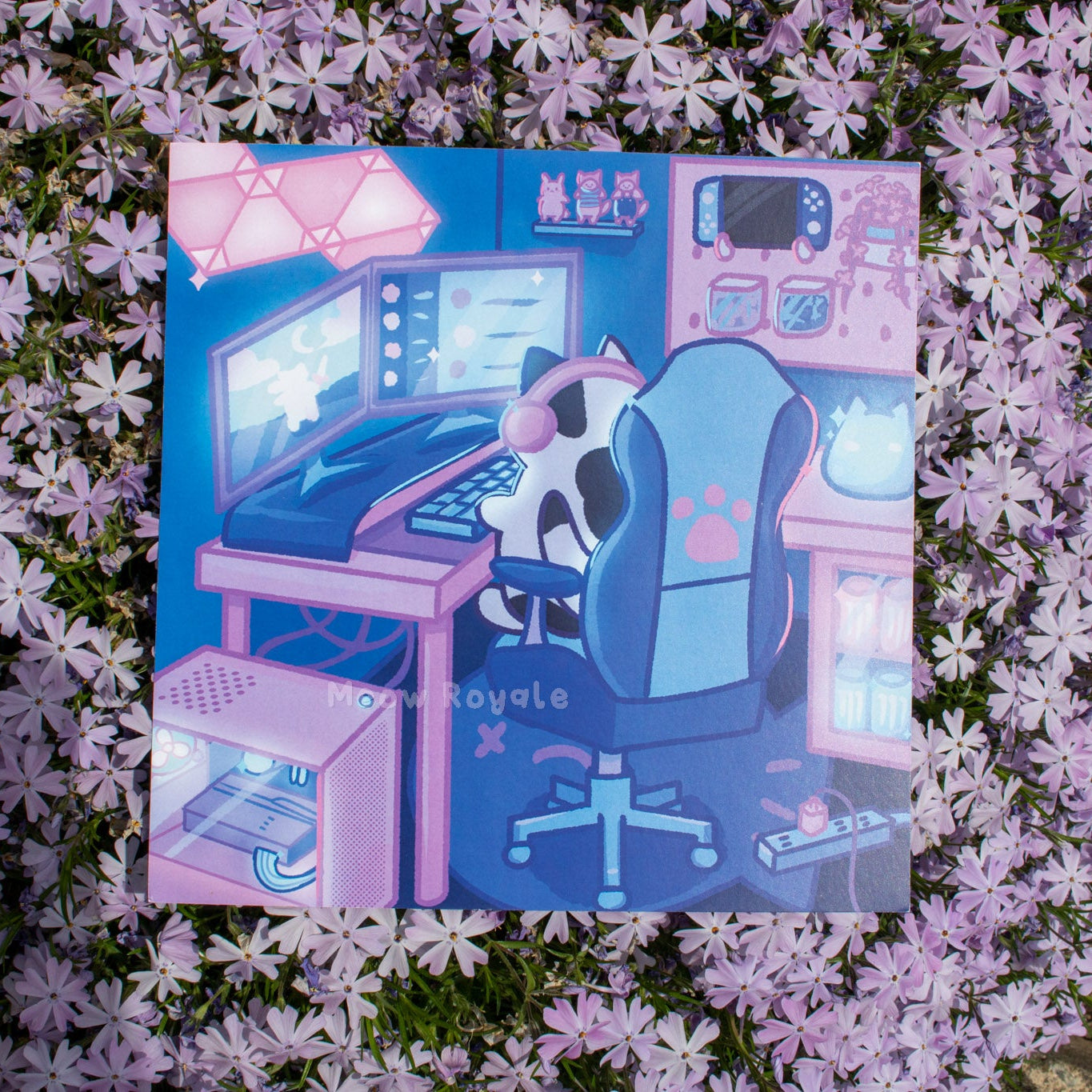 Black and White Cow Gamer Cat Print