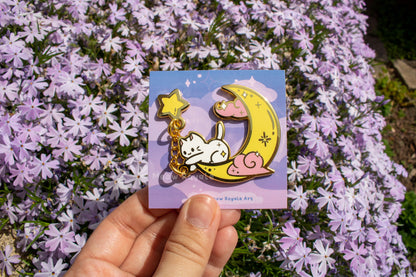 Cat Moon and Star Enamel Pin/ Black and White