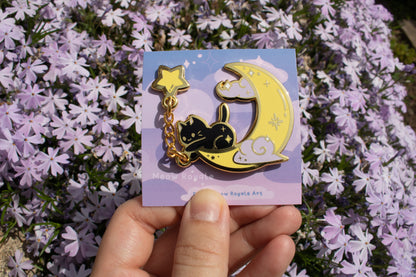 Cat Moon and Star Enamel Pin/ Black and White