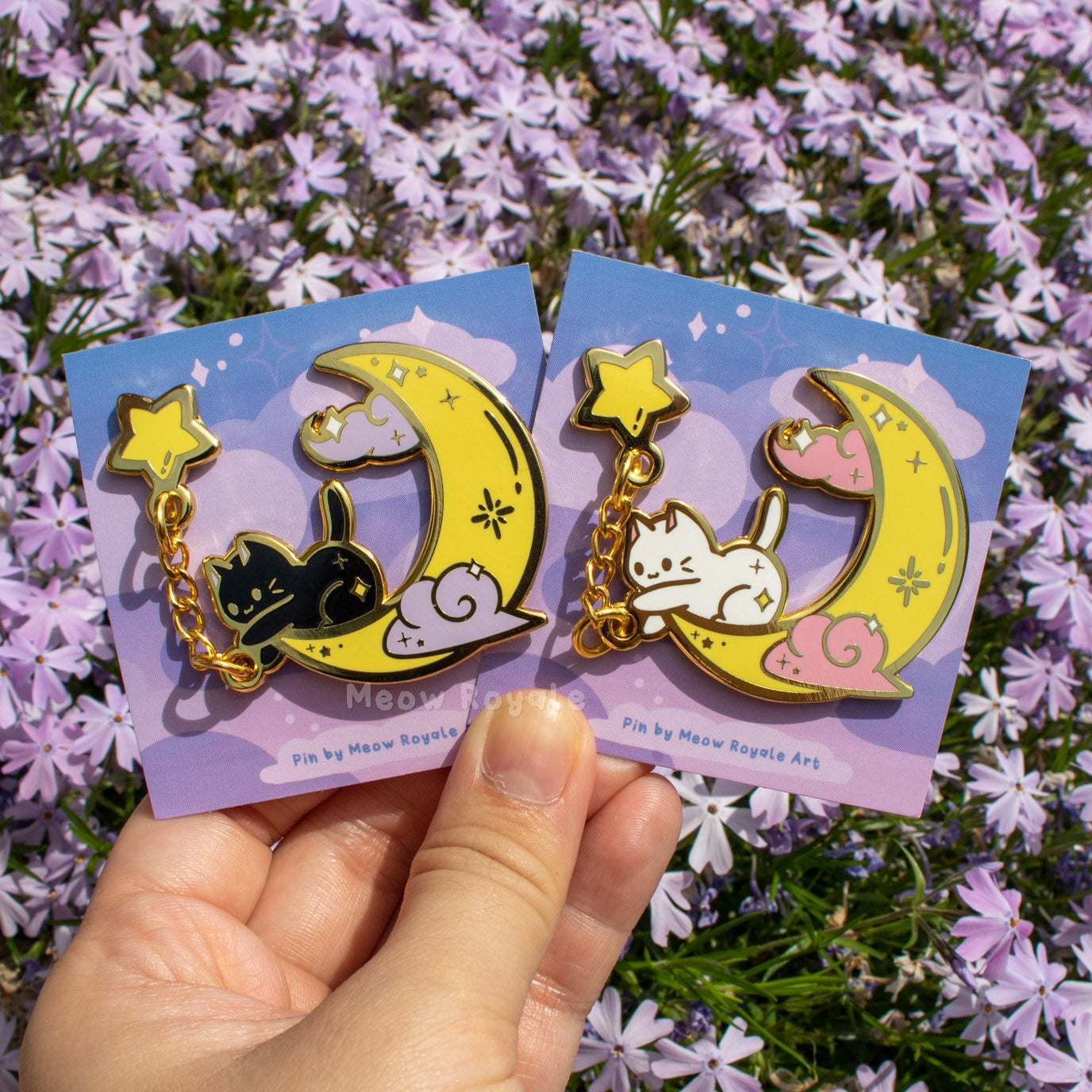 Cat Moon and Star Enamel Pin/ Black and White